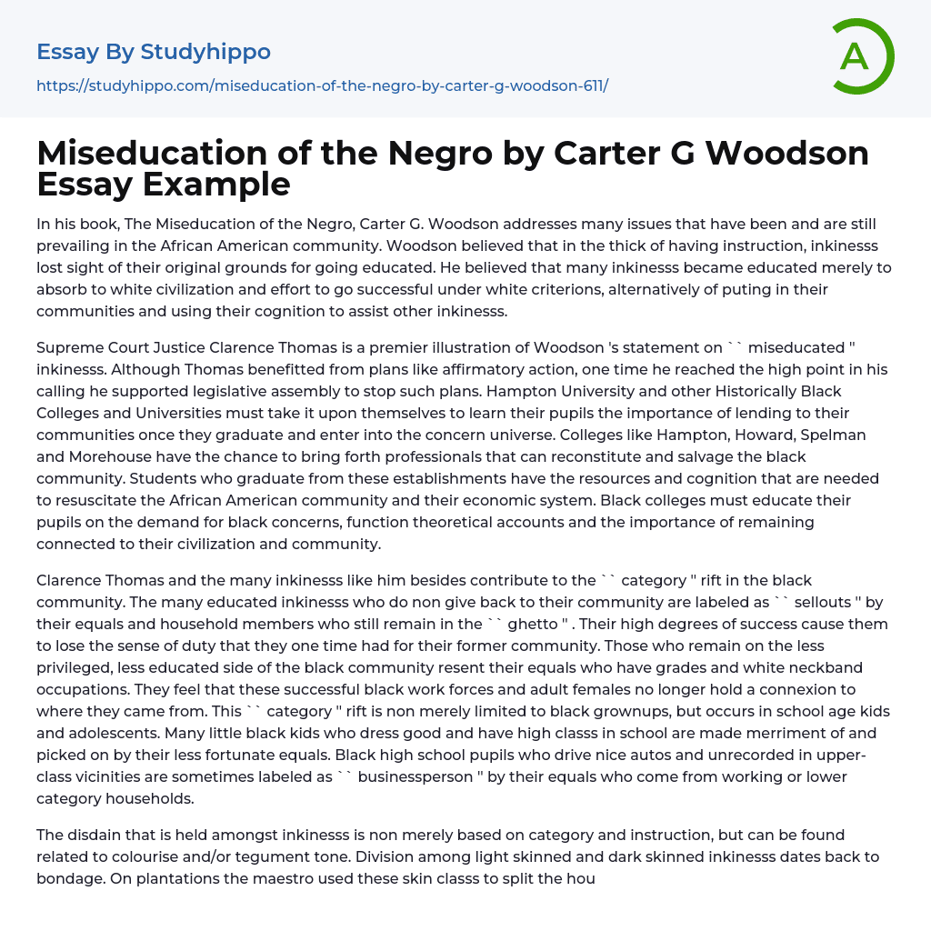 Miseducation of the Negro by Carter G Woodson Essay Example