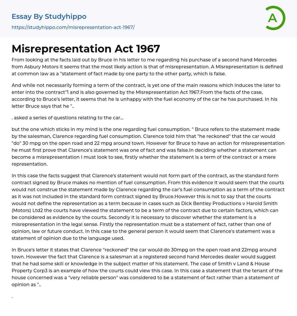 Misrepresentation Act 1967 Essay Example