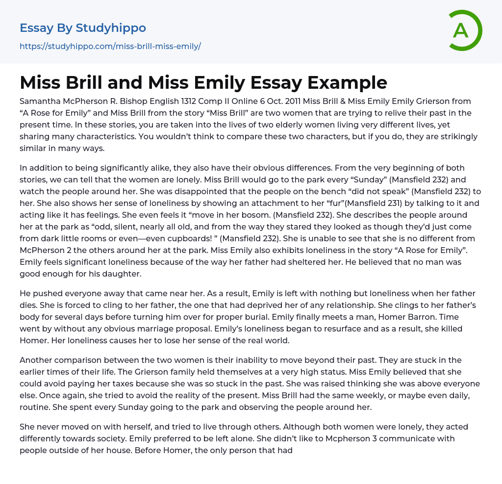 “A Rose for Emily” and “Miss Brill” Essay Example