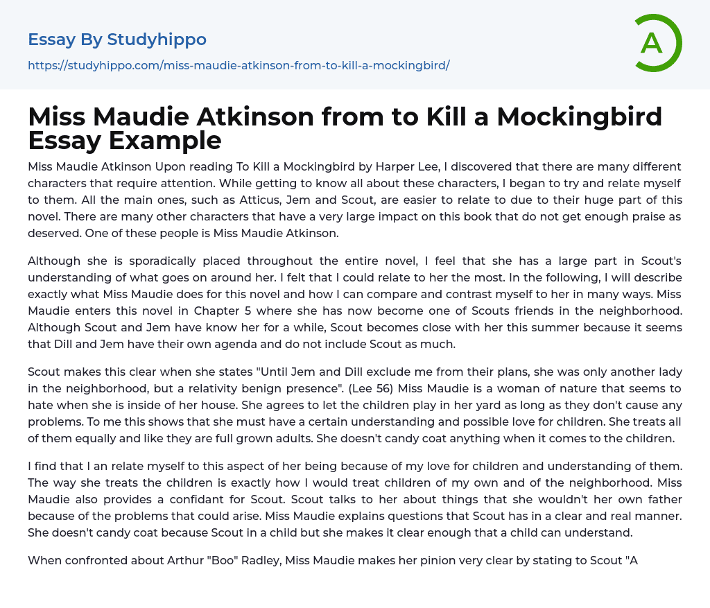 Miss Maudie Atkinson from to Kill a Mockingbird Essay Example