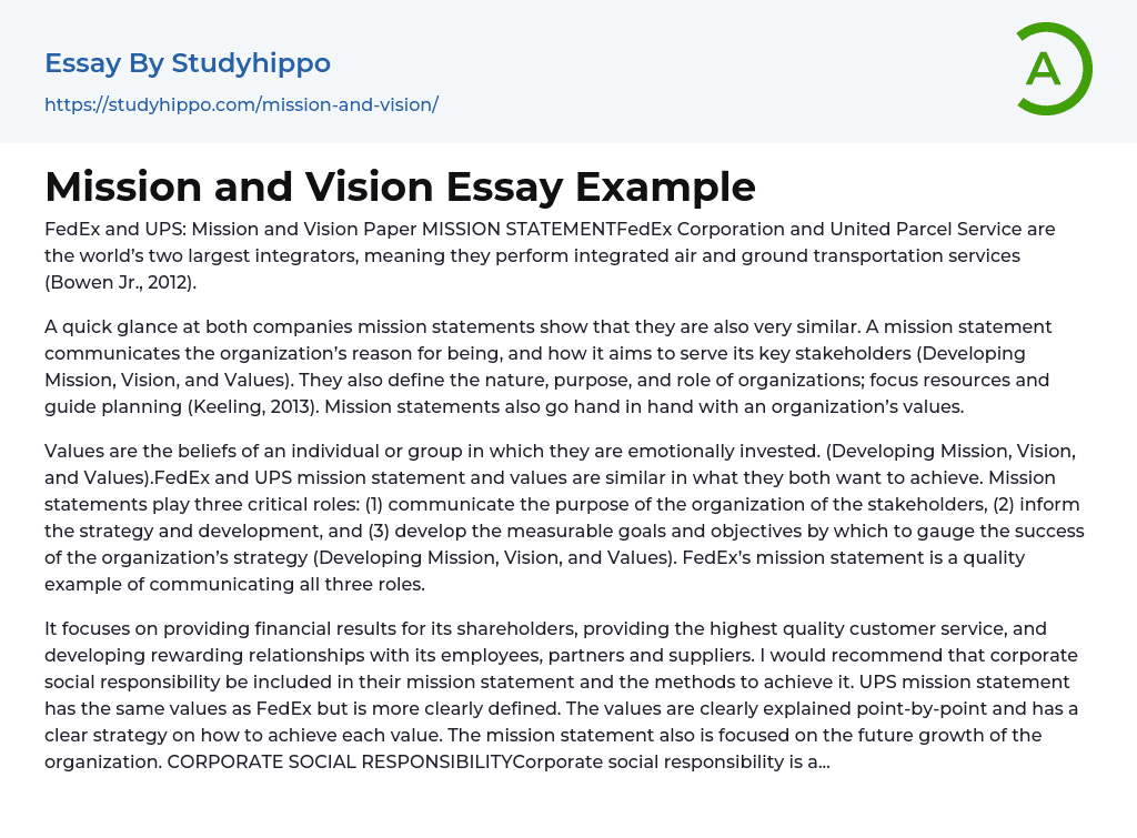 Mission and Vision Essay Example