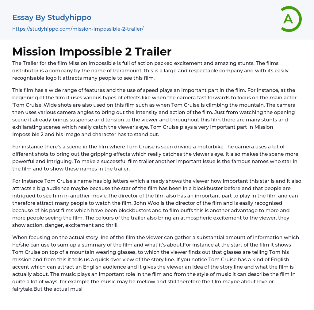 Mission Impossible 2 Trailer Essay Example