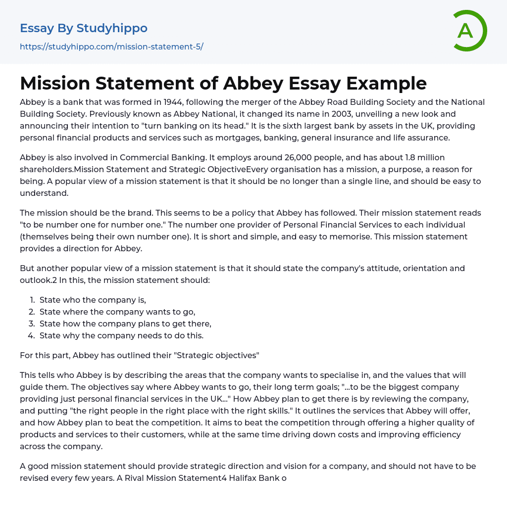 Mission Statement of Abbey Essay Example