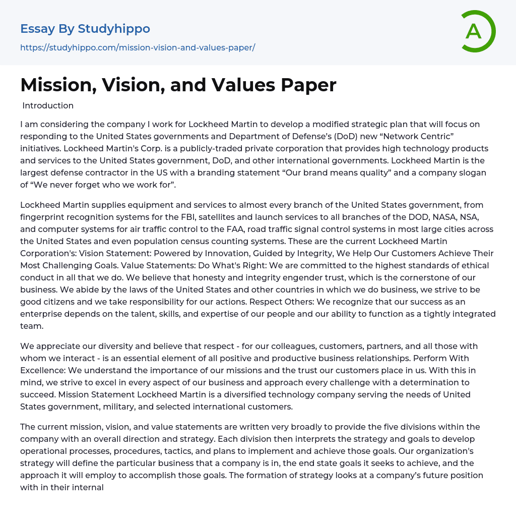 Mission, Vision, and Values Paper Essay Example