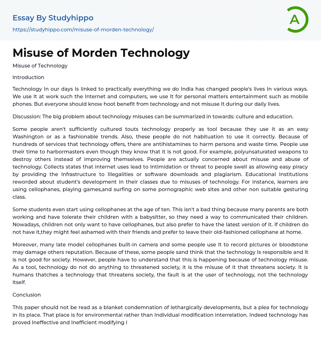 Misuse of Morden Technology Essay Example