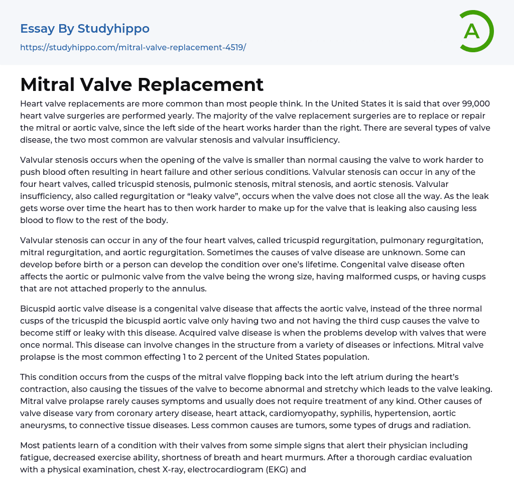 Mitral Valve Replacement Essay Example