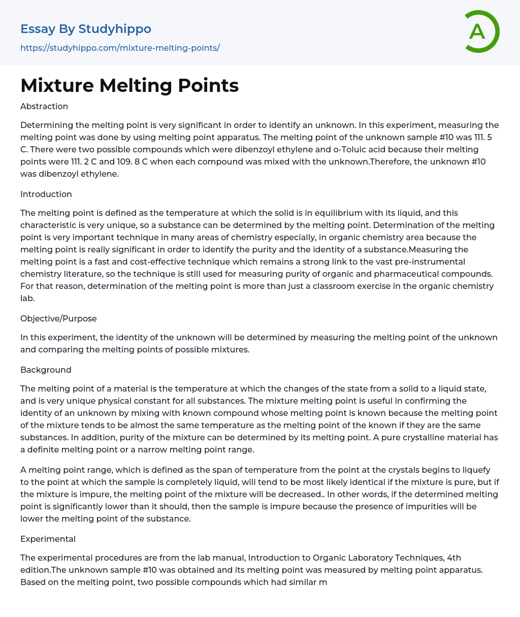 Mixture Melting Points Essay Example