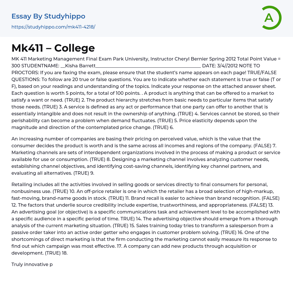 Mk411 – College Essay Example