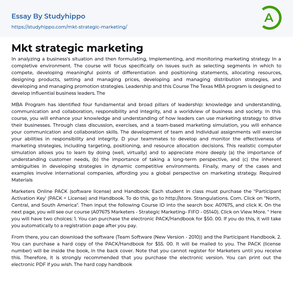 Mkt strategic marketing Essay Example
