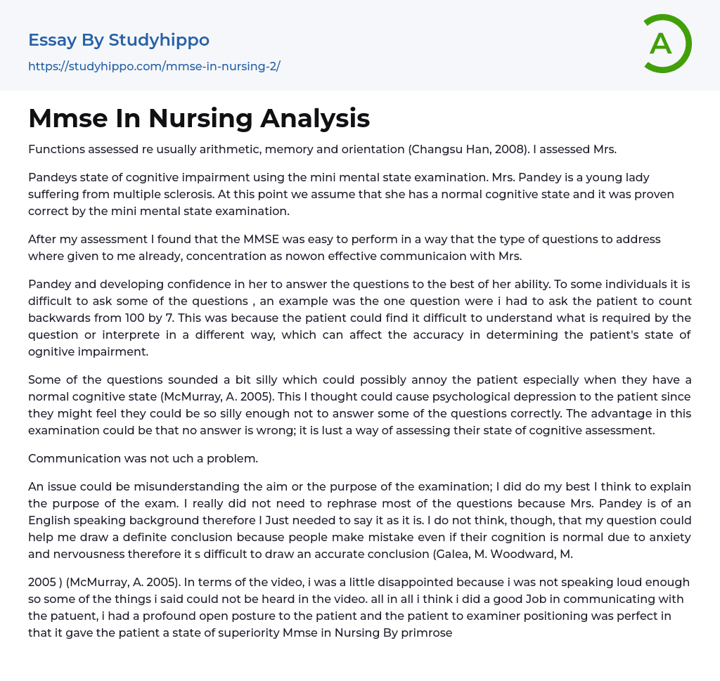 Mmse In Nursing Analysis Essay Example