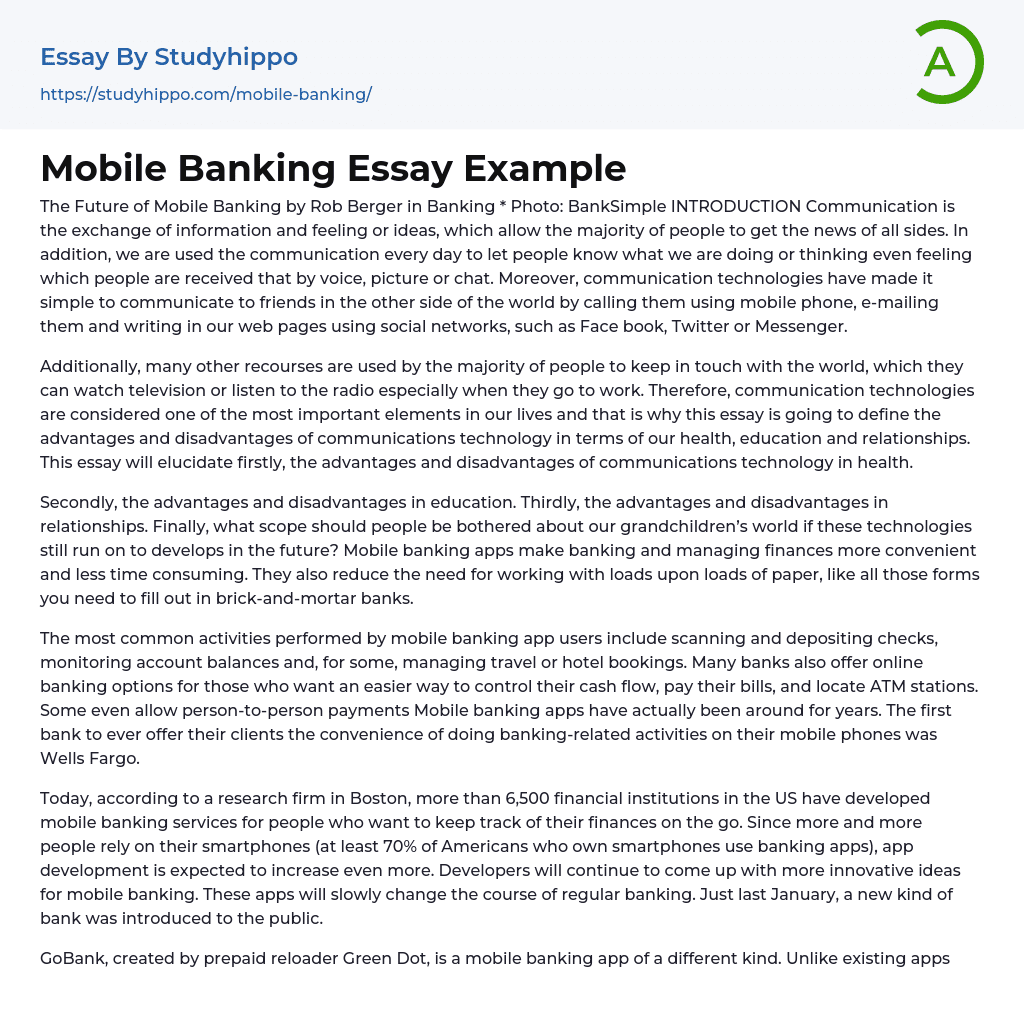 Mobile Banking Essay Example