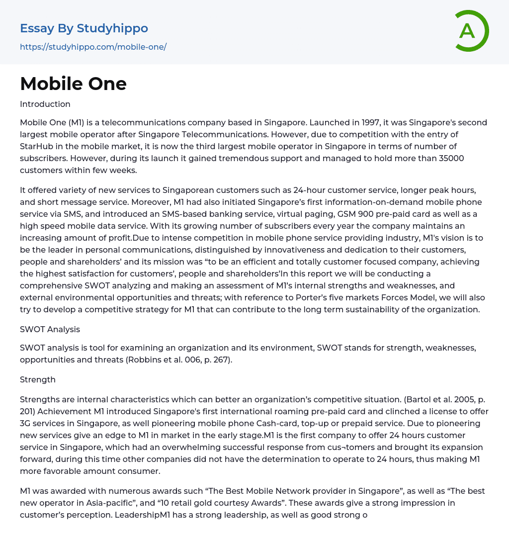 Mobile One Essay Example