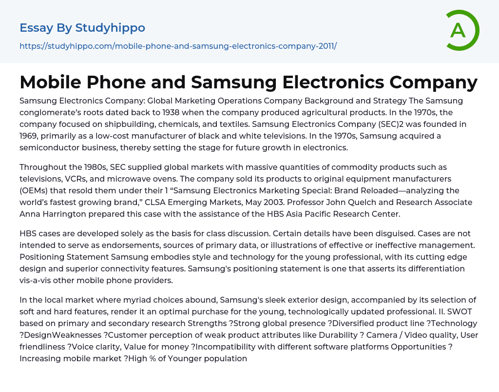 Mobile Phone and Samsung Electronics Company Essay Example