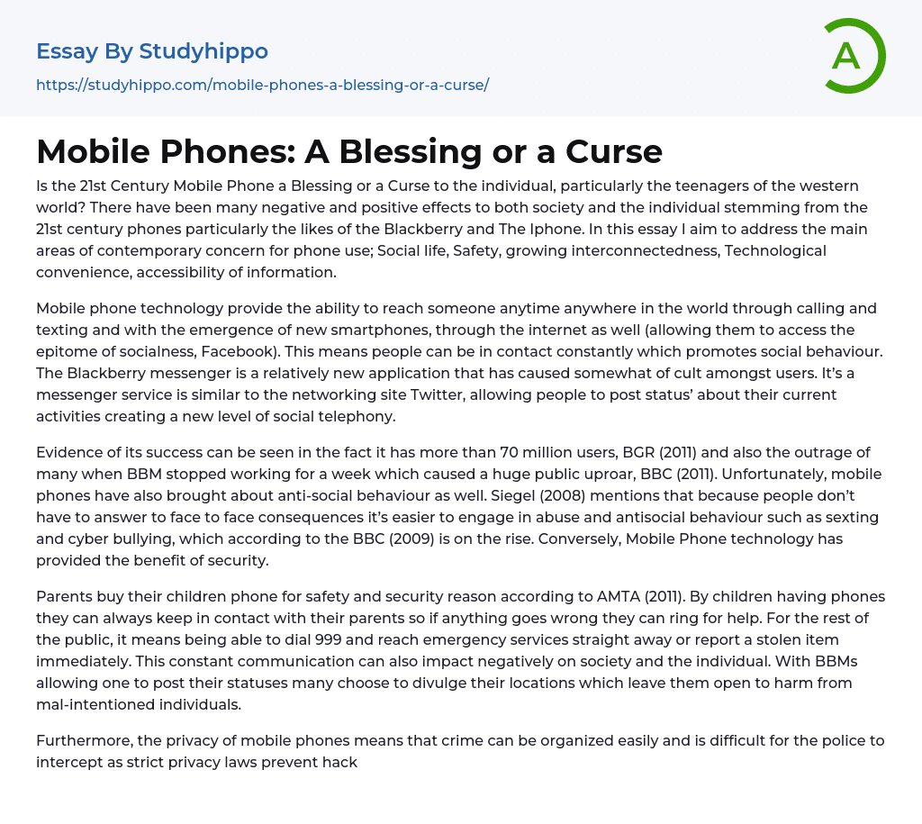 Mobile Phones: A Blessing or a Curse Essay Example