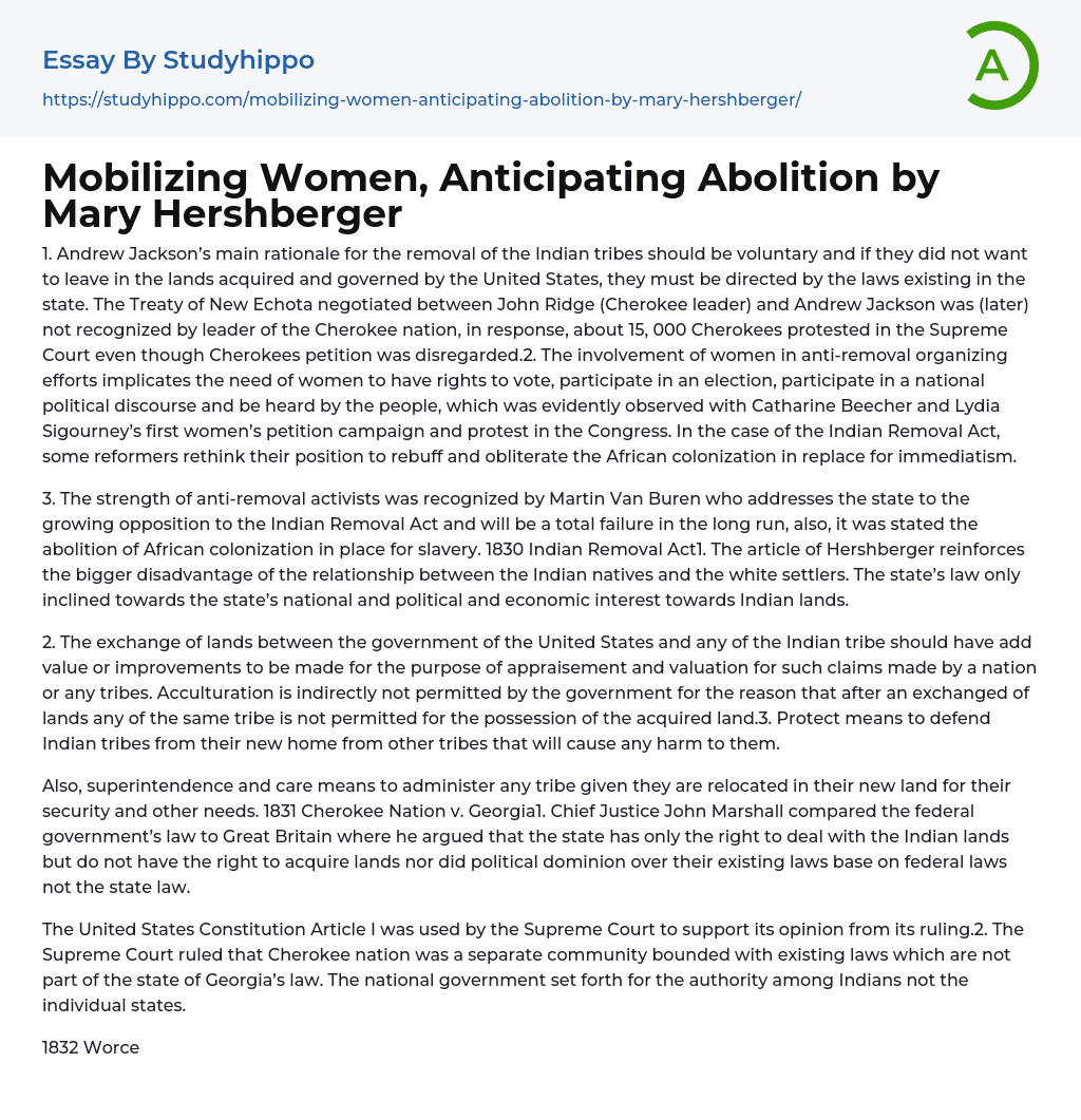 Mobilizing Women, Anticipating Abolition by Mary Hershberger Essay Example