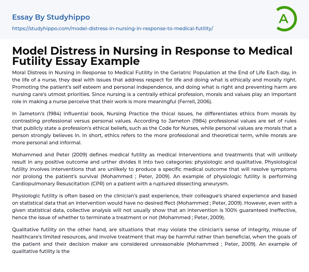 Model Distress in Nursing in Response to Medical Futility Essay Example