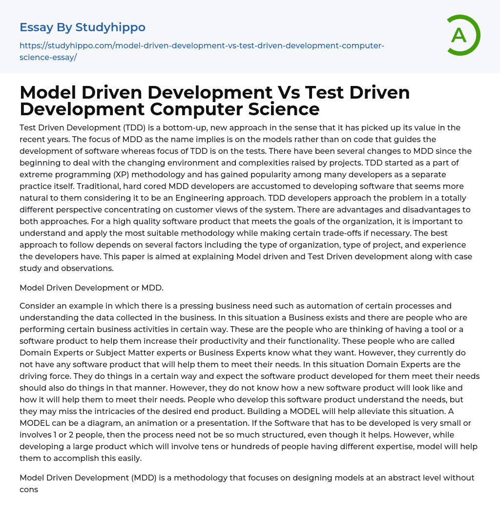 Model Driven Development Vs Test Driven Development Computer Science Essay Example