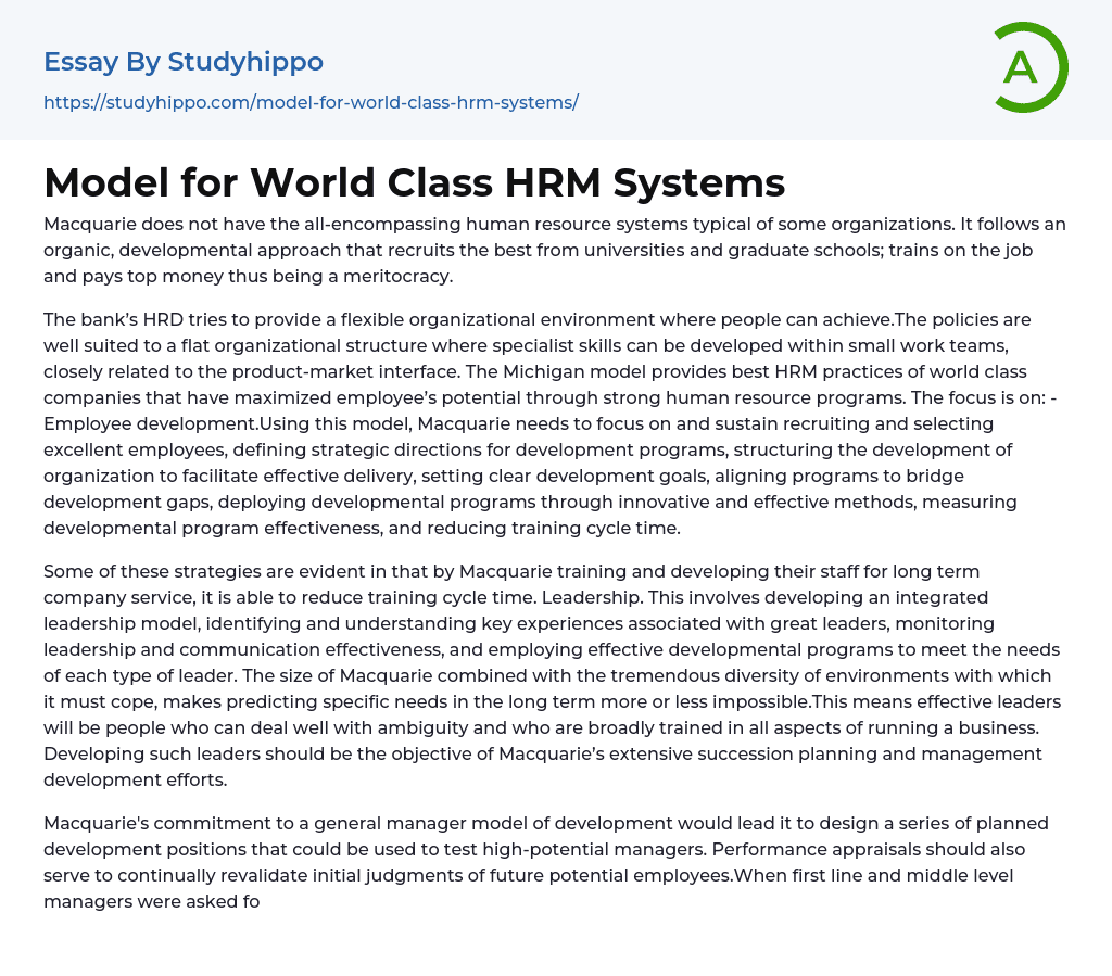 Model for World Class HRM Systems Essay Example