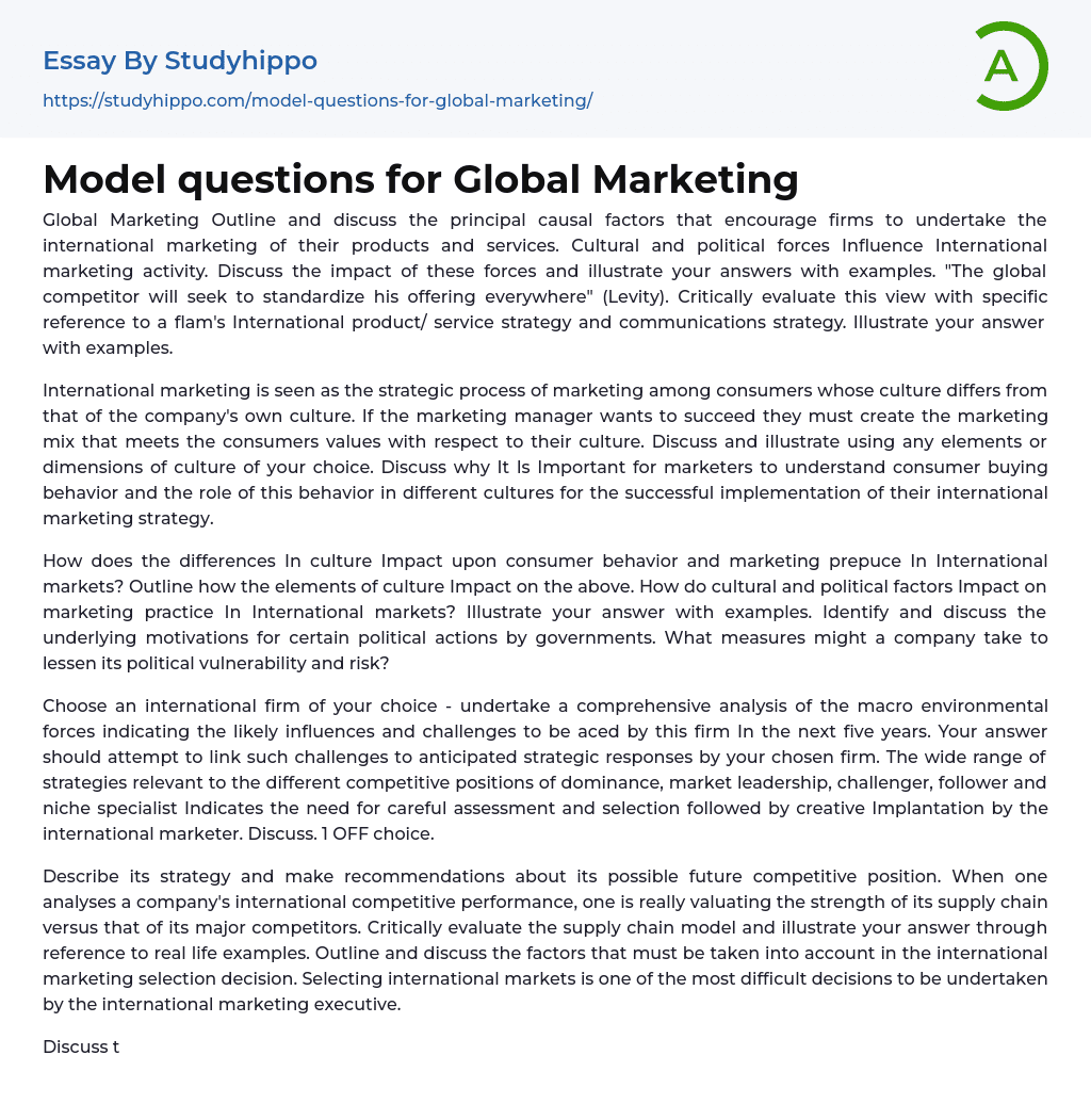 Model questions for Global Marketing Essay Example
