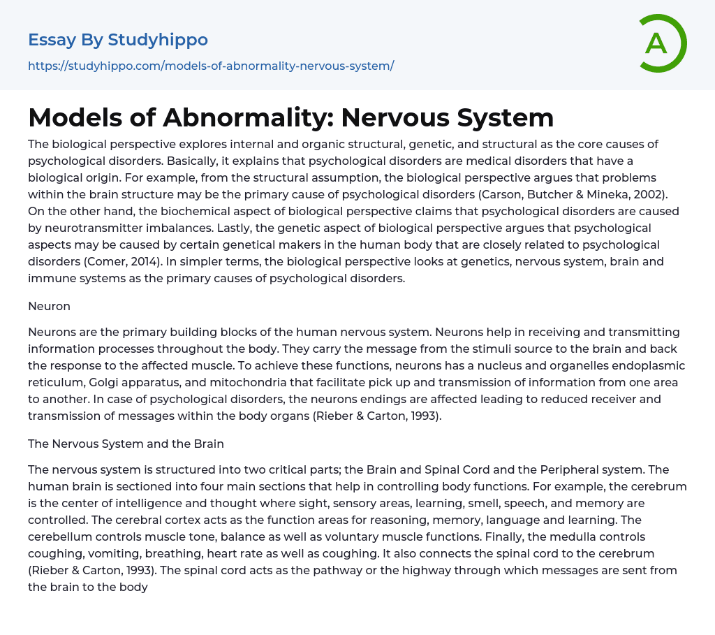 Models of Abnormality: Nervous System Essay Example