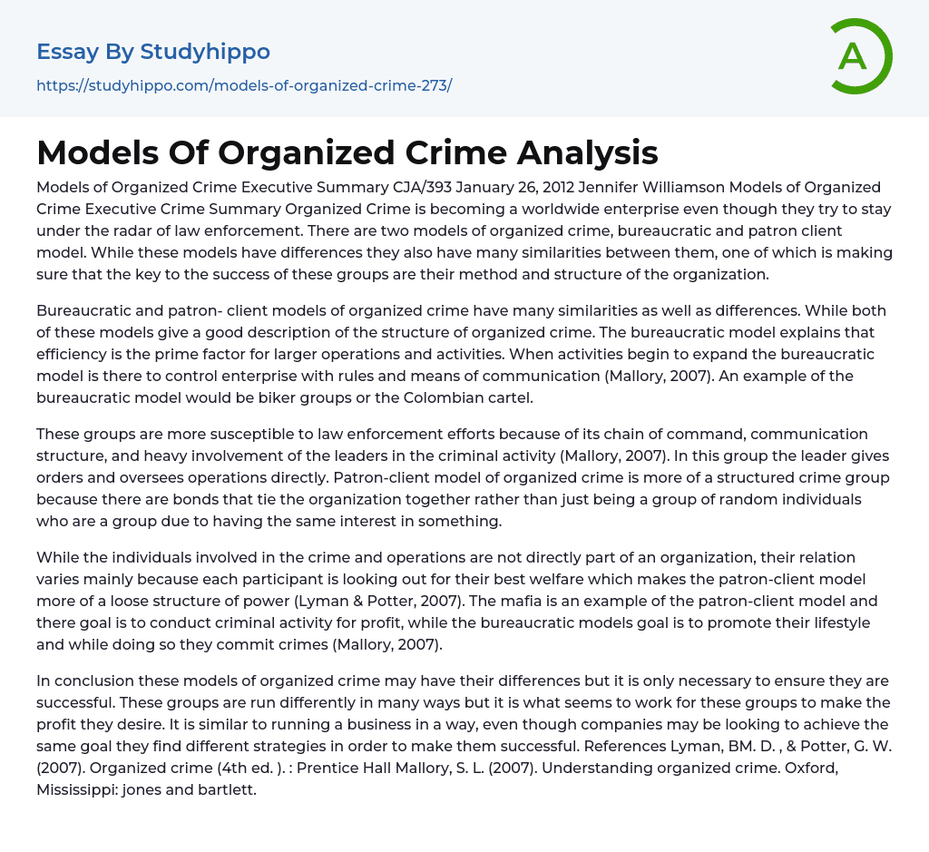 Models Of Organized Crime Analysis Essay Example