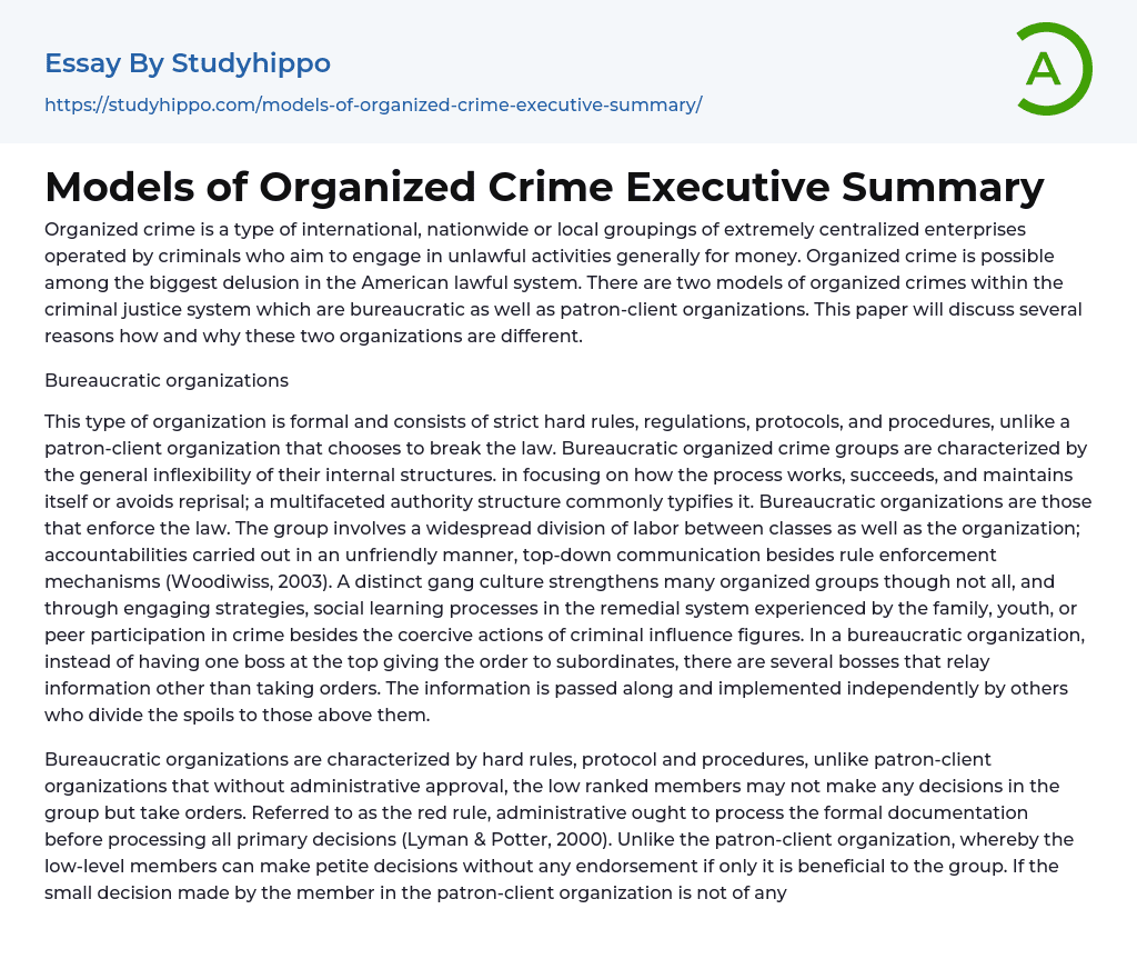 Models of Organized Crime Executive Summary Essay Example