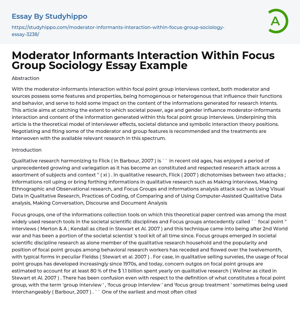 Moderator Informants Interaction Within Focus Group Sociology Essay Example