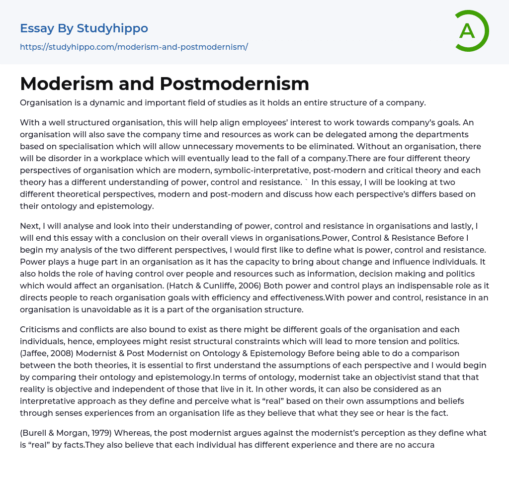 Moderism and Postmodernism Essay Example