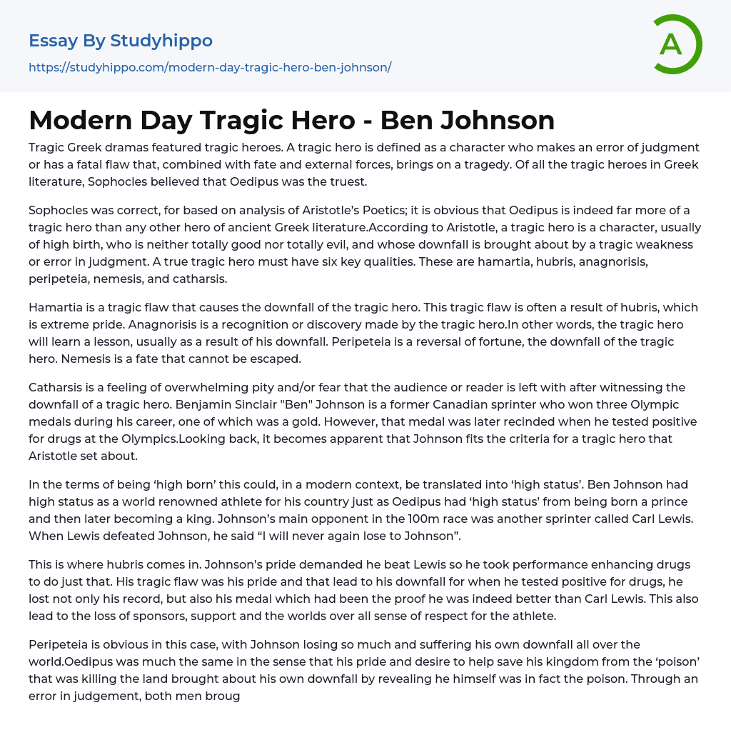 Modern Day Tragic Hero – Ben Johnson Essay Example