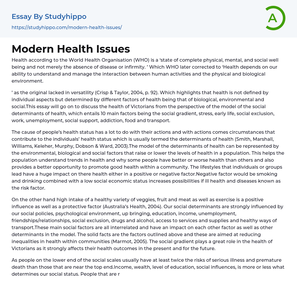 Modern Health Issues Essay Example