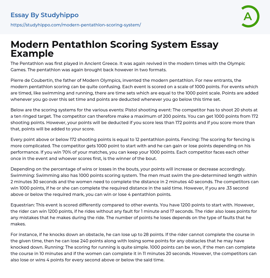 Modern Pentathlon Scoring System Essay Example
