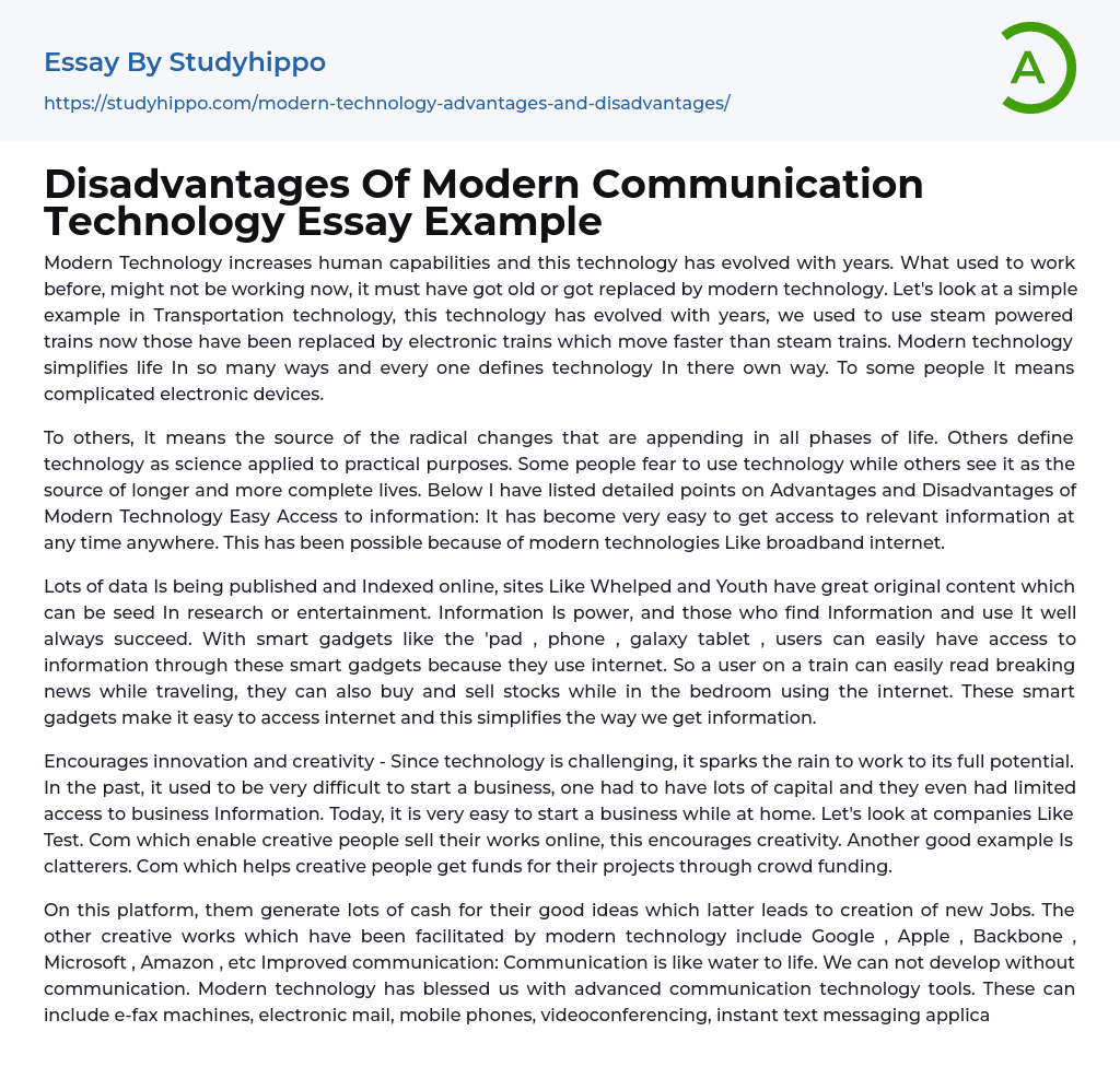 Disadvantages Of Modern Communication Technology Essay Example