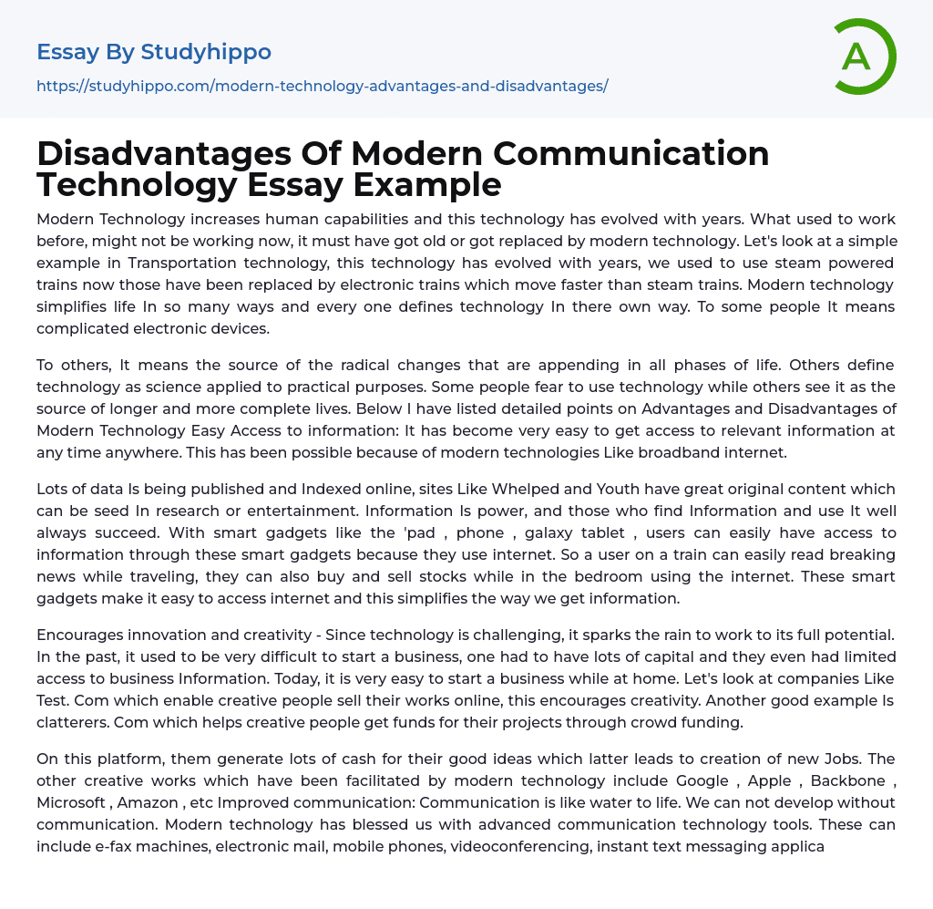 Disadvantages Of Modern Communication Technology Essay Example 