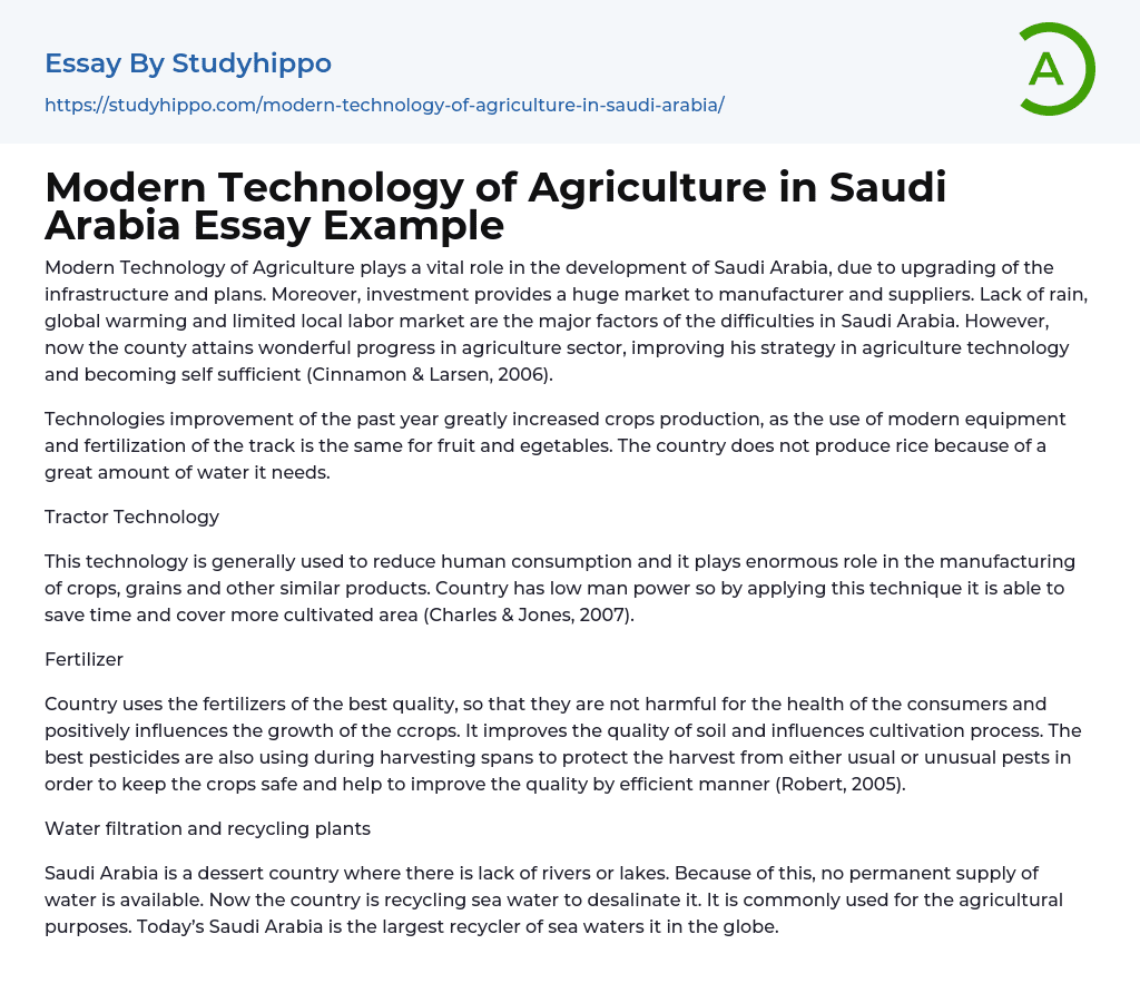 Modern Technology of Agriculture in Saudi Arabia Essay Example