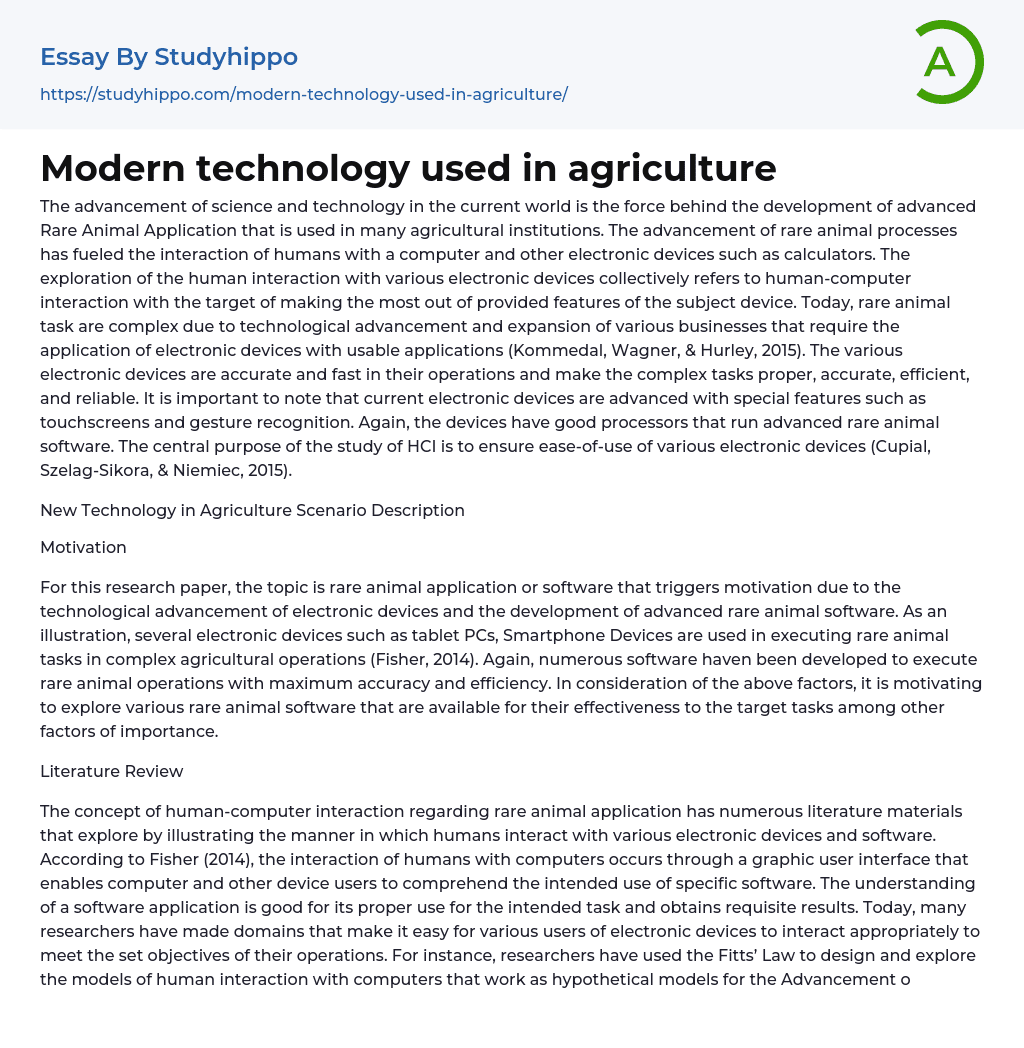 Modern technology used in agriculture Essay Example