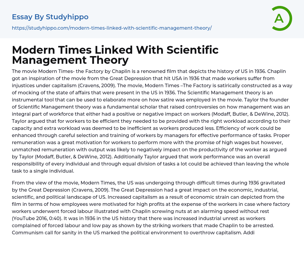 Modern Times Linked With Scientific Management Theory Essay Example