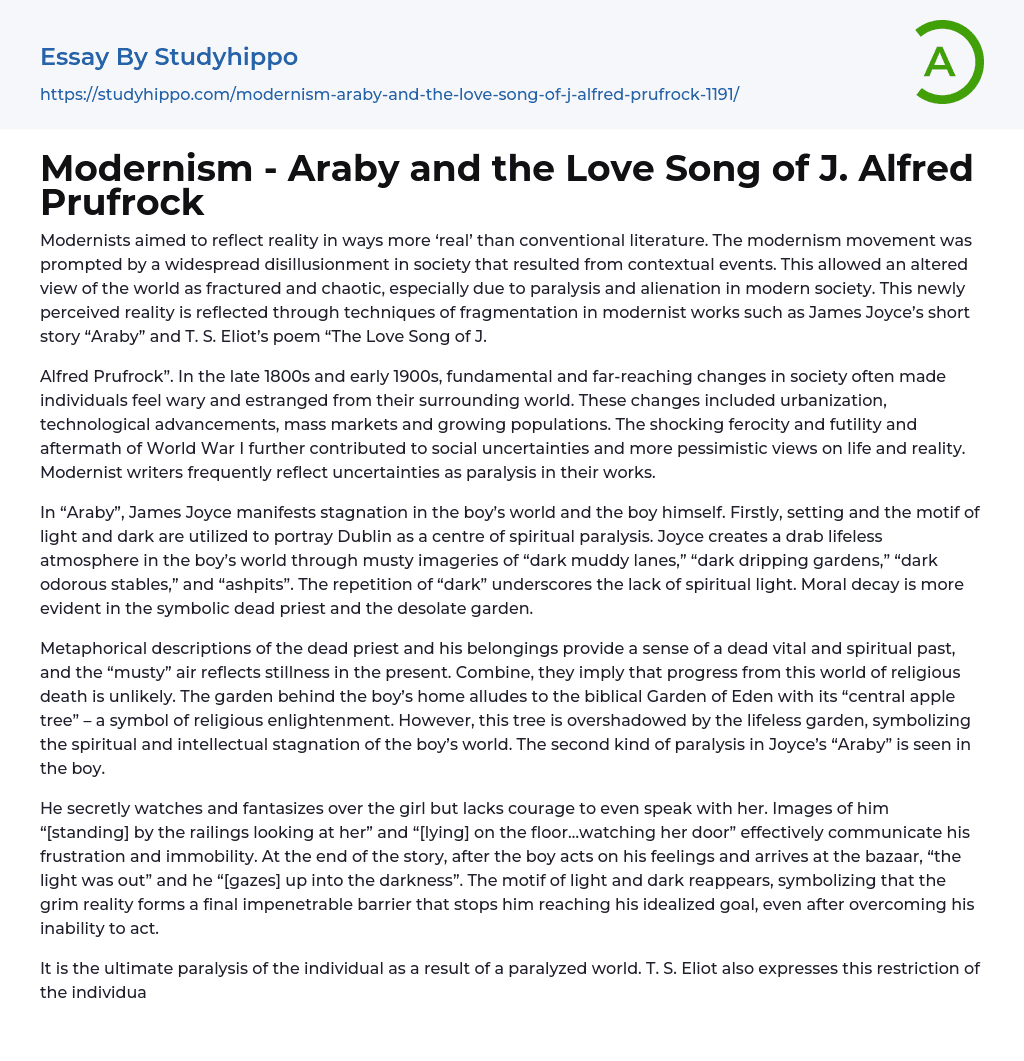 Modernism – Araby and the Love Song of J. Alfred Prufrock Essay Example