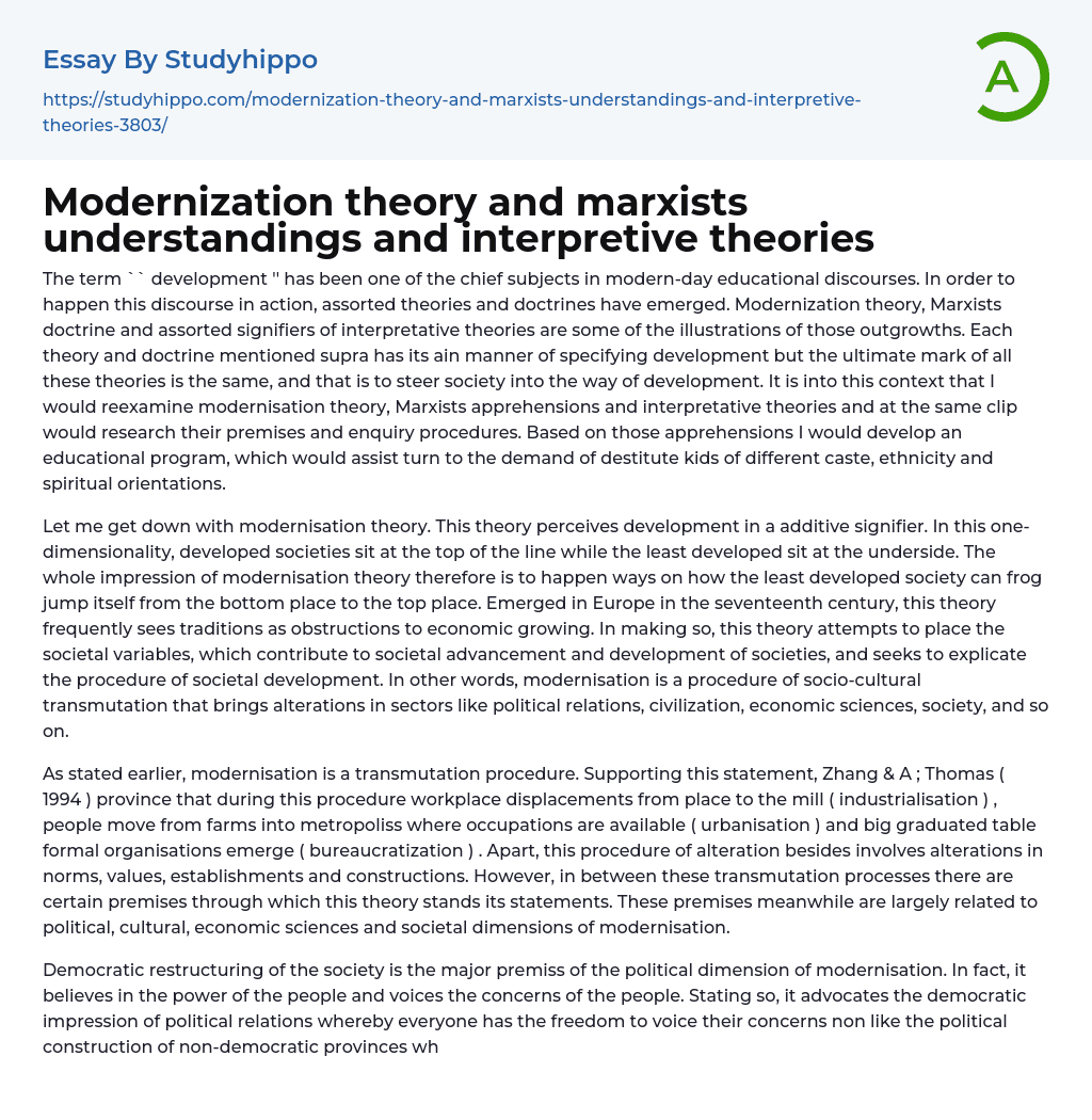 Modernization theory and marxists understandings and interpretive theories Essay Example