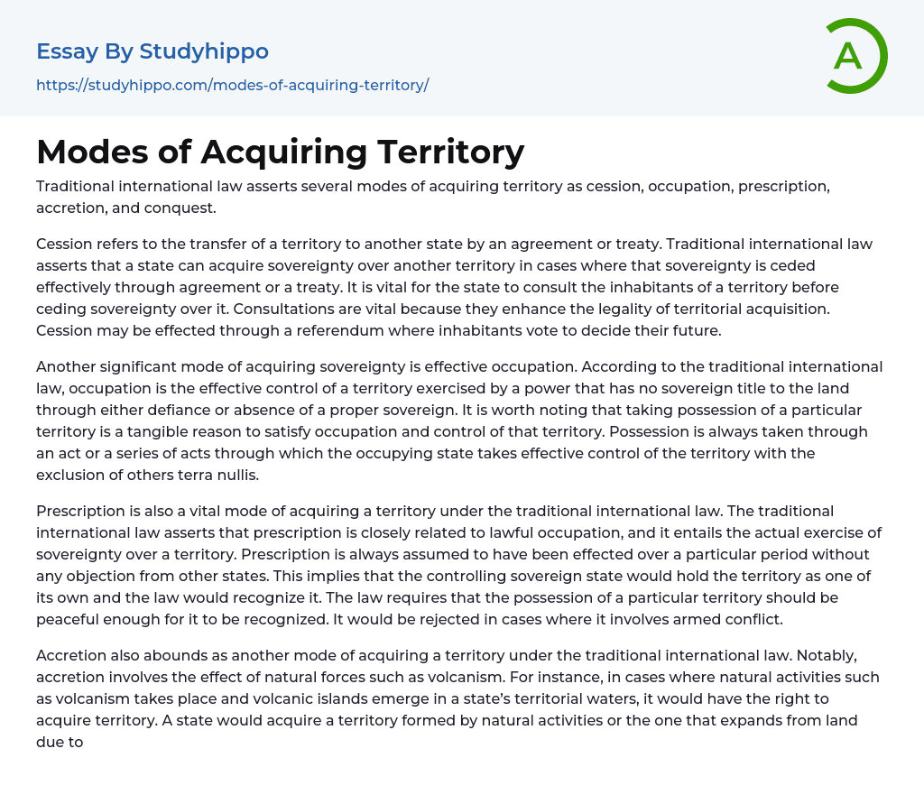 Modes of Acquiring Territory Essay Example