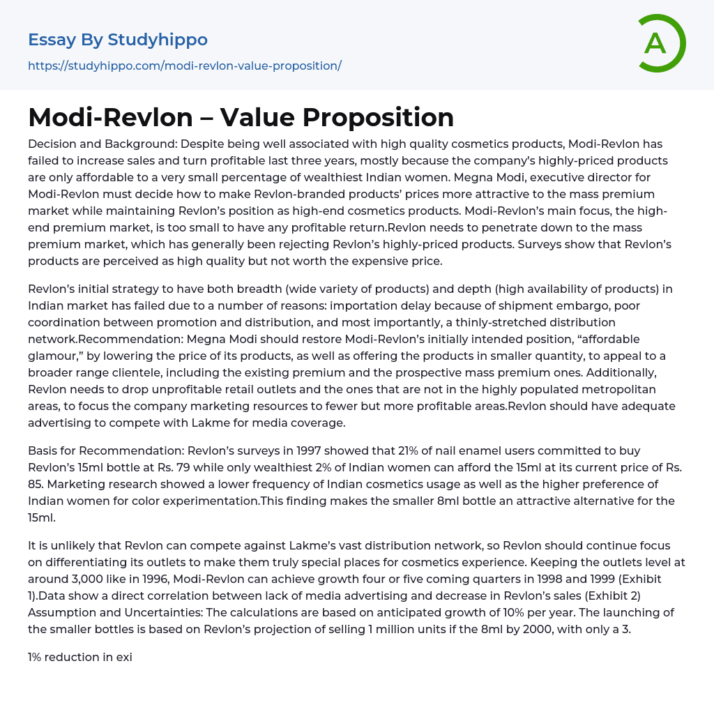 Modi-Revlon – Value Proposition Essay Example