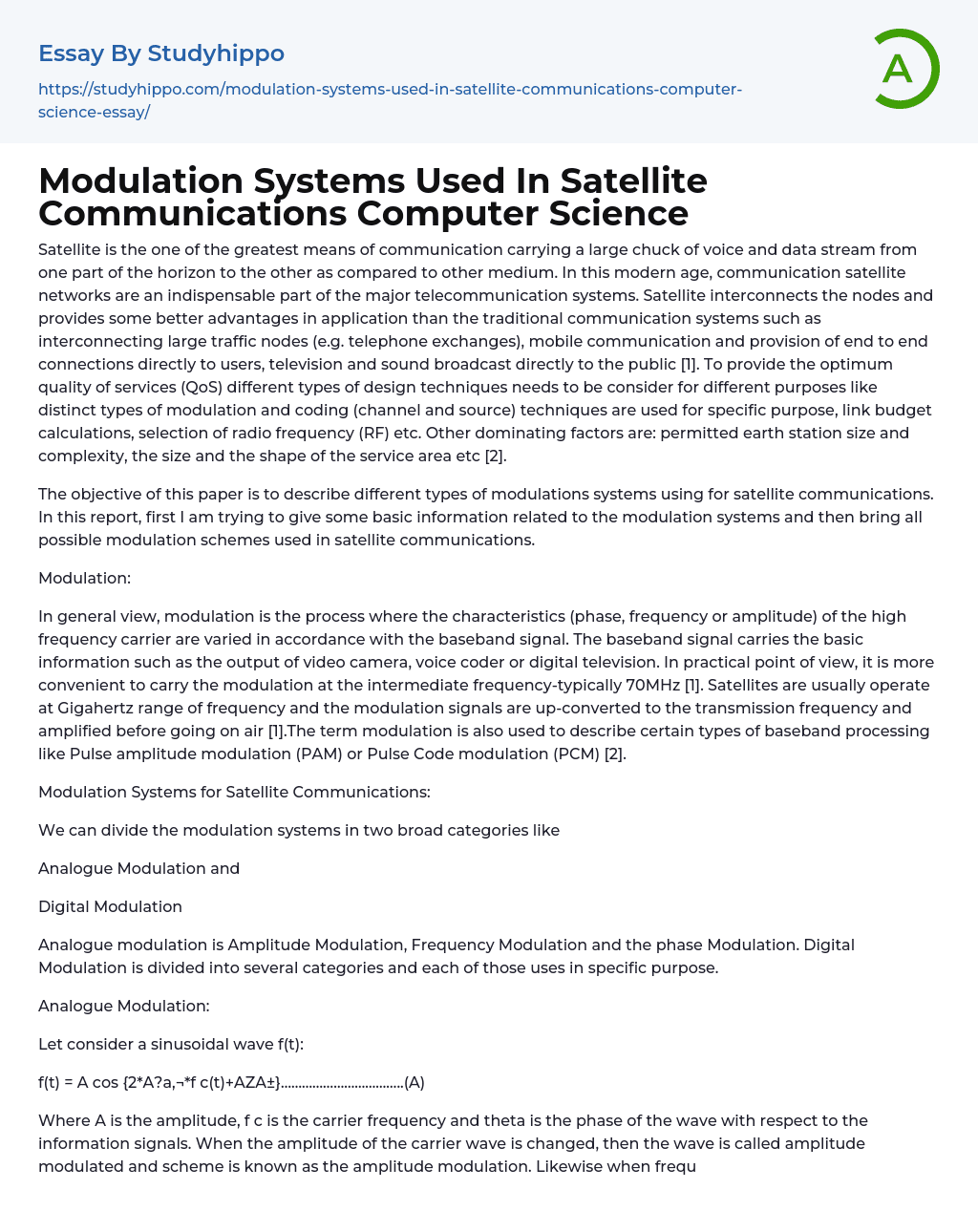 Modulation Systems Used In Satellite Communications Computer Science Essay Example