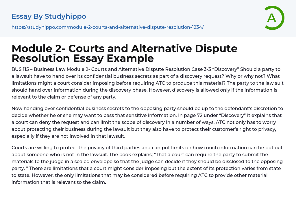 Module 2- Courts and Alternative Dispute Resolution Essay Example