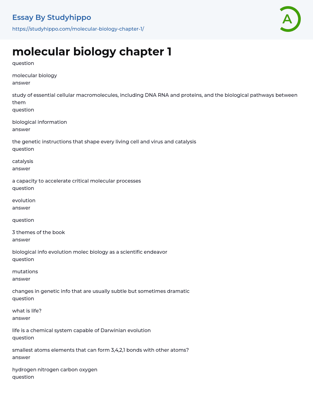 molecular biology chapter 1 Essay Example