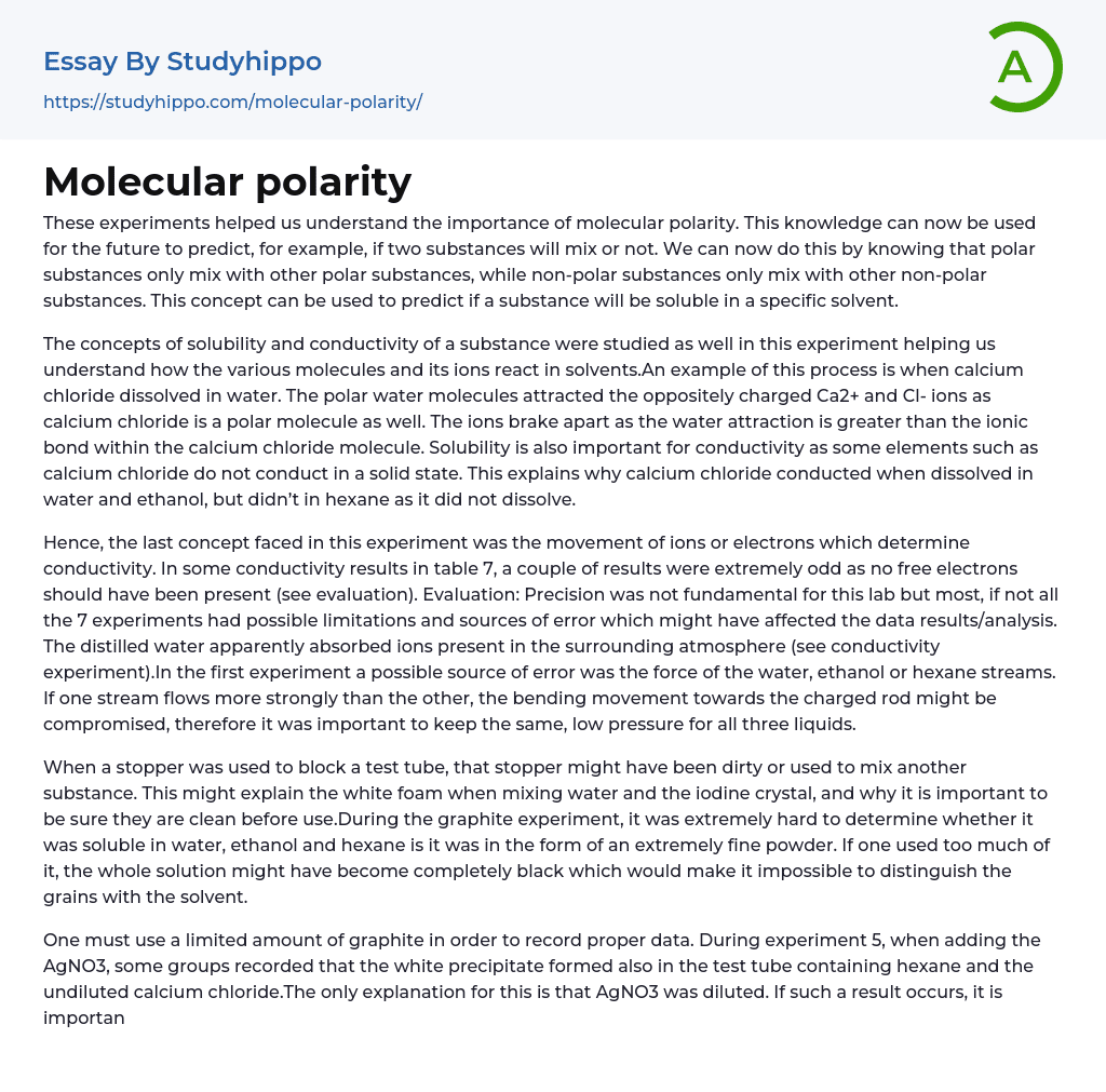 Molecular polarity Essay Example