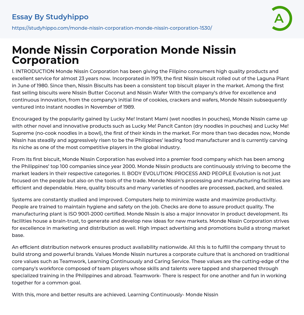 Monde Nissin Corporation Monde Nissin Corporation Essay Example