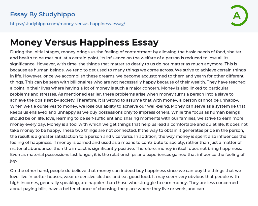 Money Versus Happiness Essay