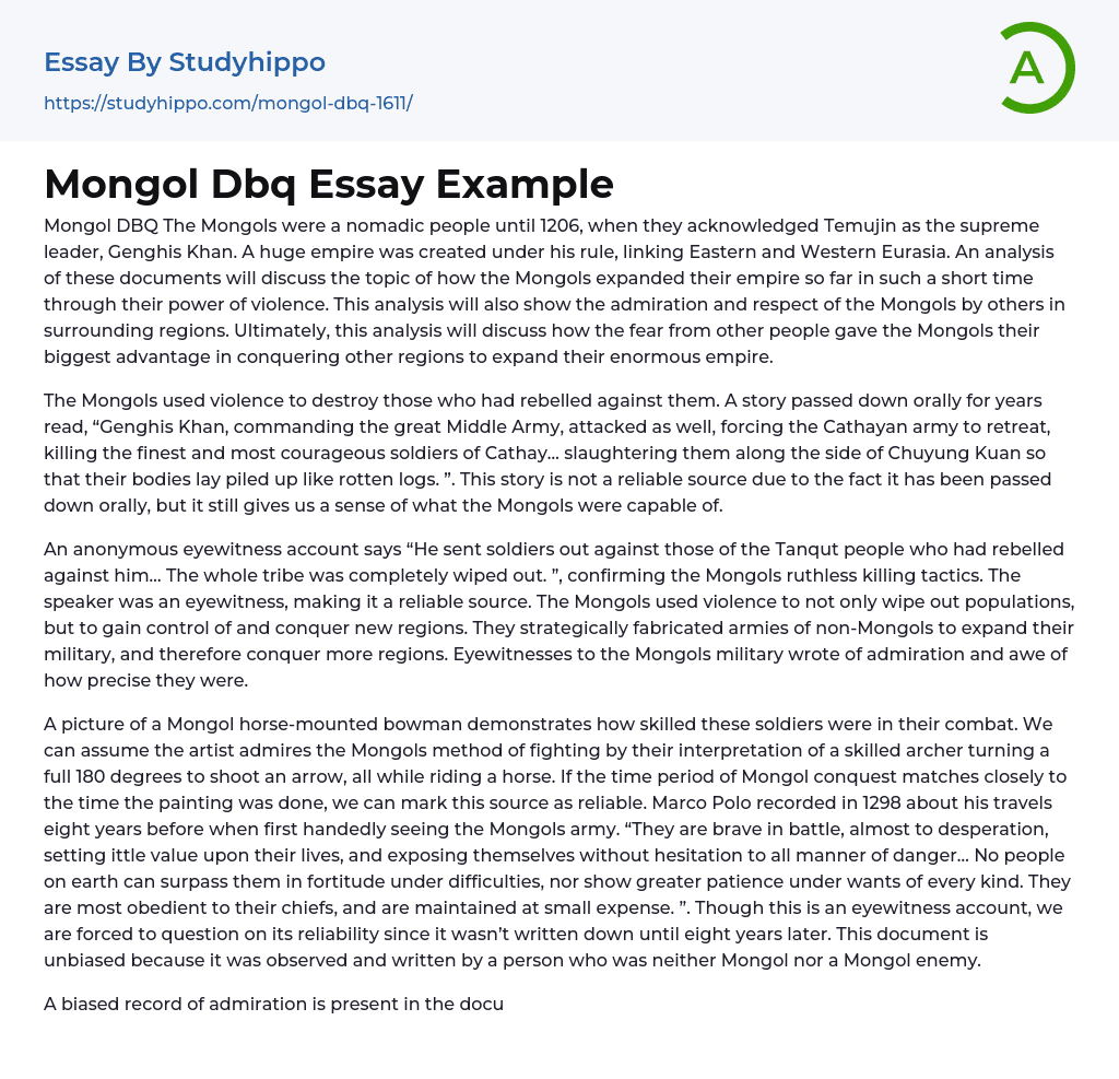 Mongol Dbq Essay Example