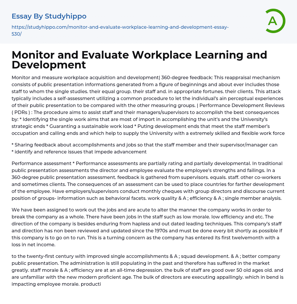 Monitor and Evaluate Workplace Learning and Development Essay Example