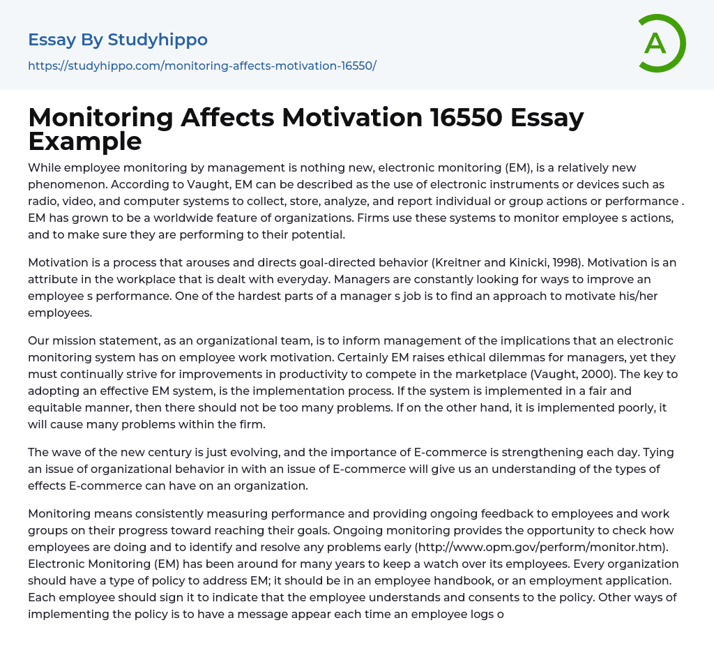 Monitoring Affects Motivation 16550 Essay Example