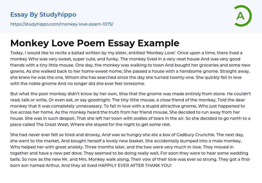 Monkey Love Poem Essay Example